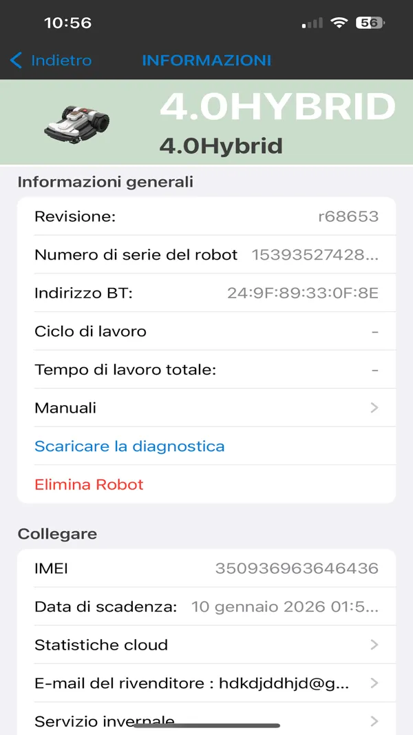 Informazioni generali: revisione firmware, numero di serie, indirizzo Bluetooth e dati del rivenditore