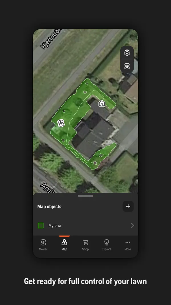 Vista mappa su foto satellitare del giardino, con l'area di taglio disegnata e gli oggetti mappati