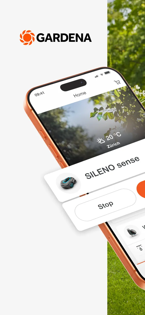 Home dell'app con il robot Sileno sense, i comandi di avvio e arresto e la temperatura esterna