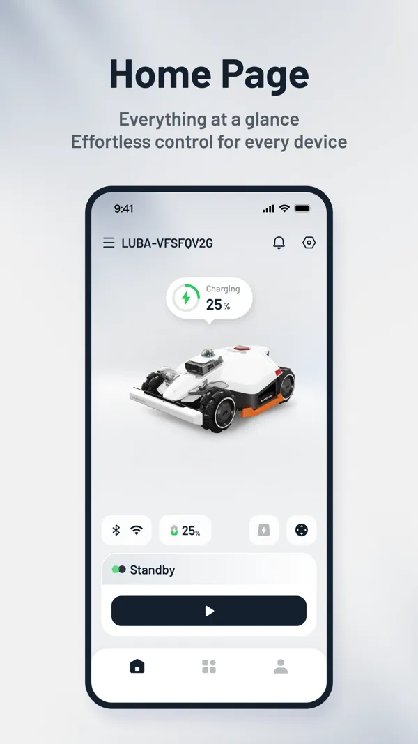 Home dell'app con il robot Luba in carica al 25% e il comando di avvio