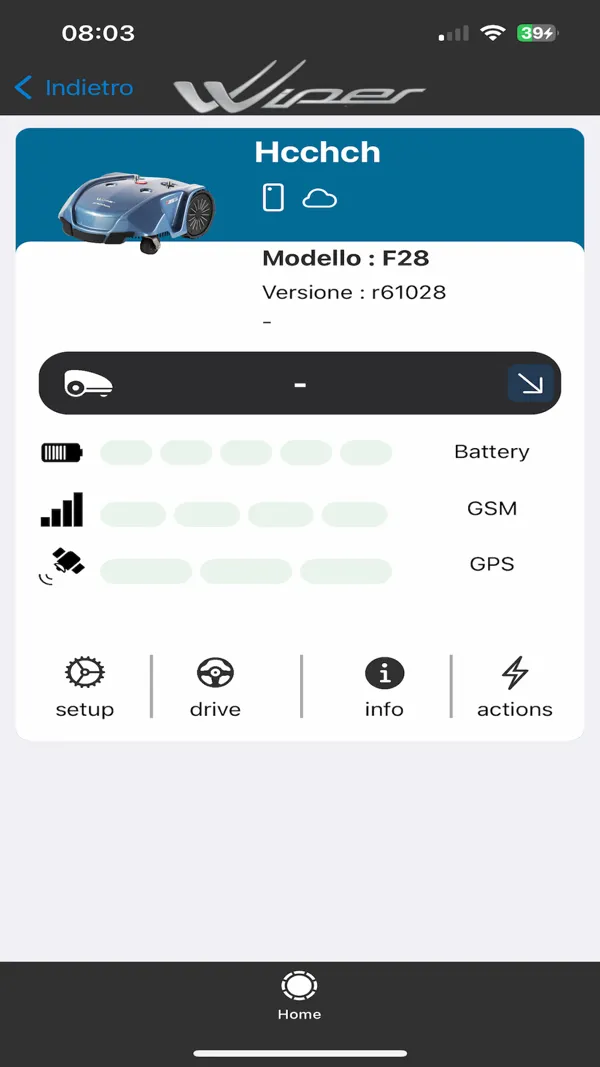 Home del robot con gli indicatori di batteria, GSM e GPS e i quattro menu principali