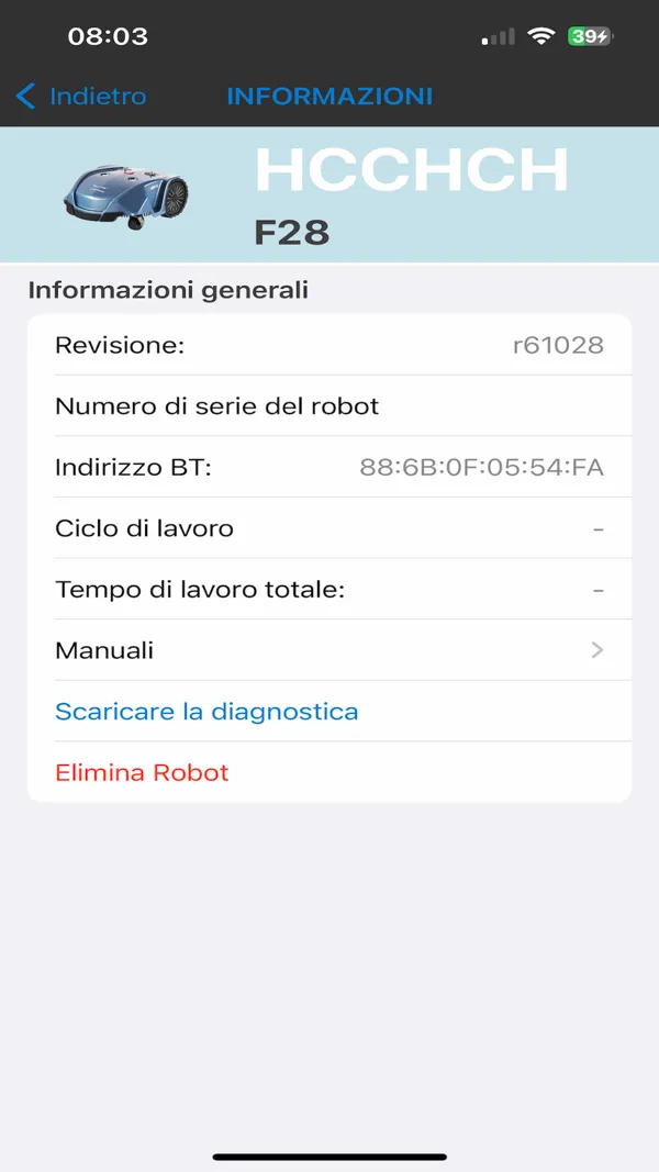 Informazioni generali: revisione firmware, indirizzo Bluetooth, manuali e diagnostica