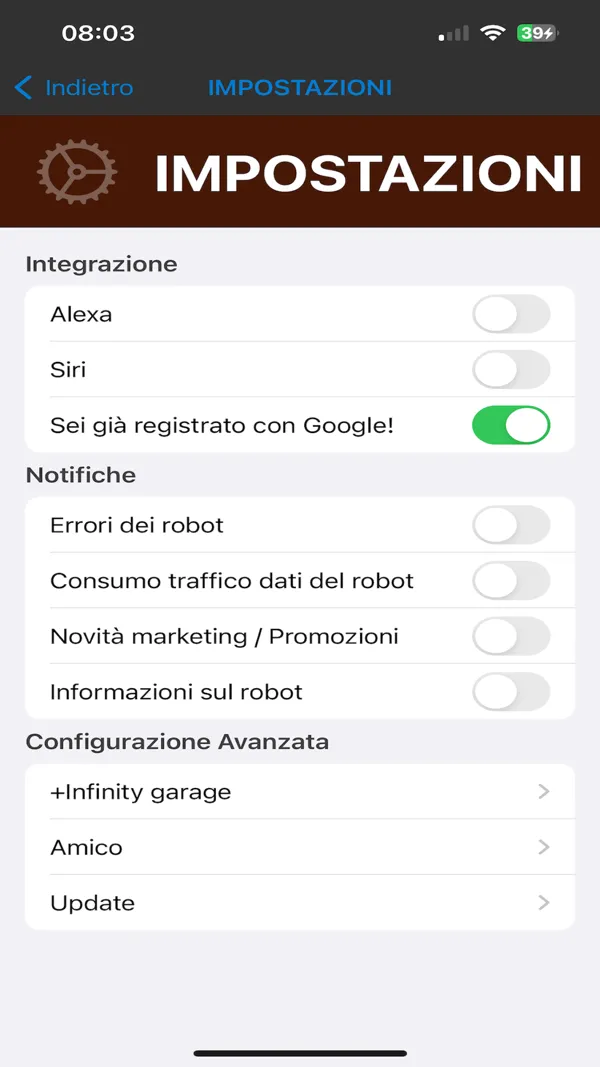 Impostazioni: integrazione con Alexa, Siri e Google, notifiche e configurazione avanzata