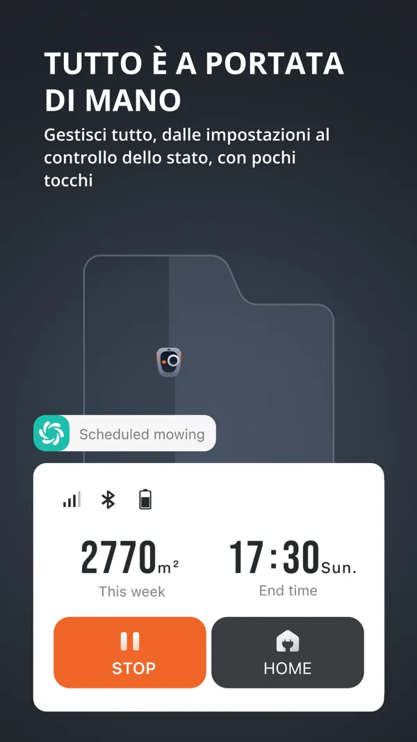Schermata di controllo con i metri quadri della settimana, l'ora di fine e i comandi Stop e rientro
