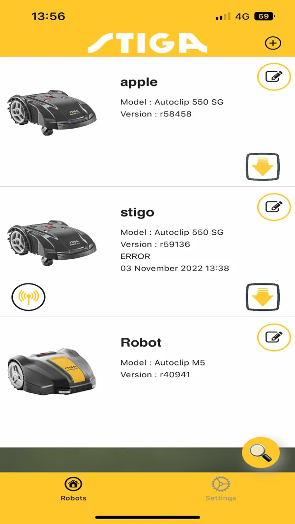Elenco dei robot registrati, ciascuno con modello, versione firmware ed eventuale errore in corso
