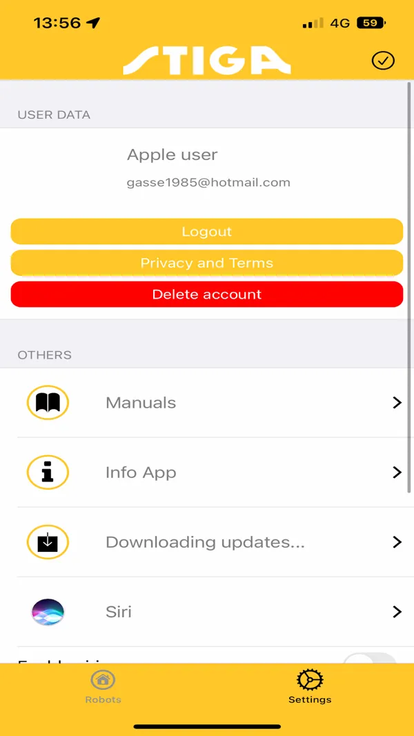 Impostazioni dell'account, con manuali, aggiornamenti e collegamento a Siri
