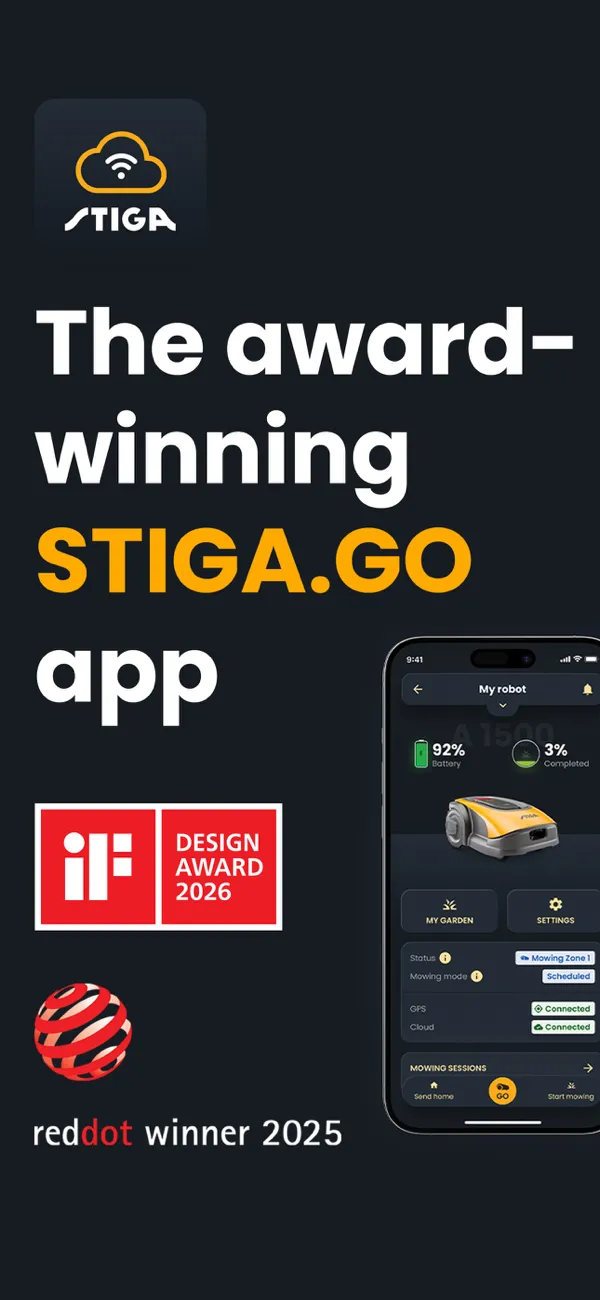 Immagine di apertura della scheda store, con i premi di design che STIGA dichiara per l'app